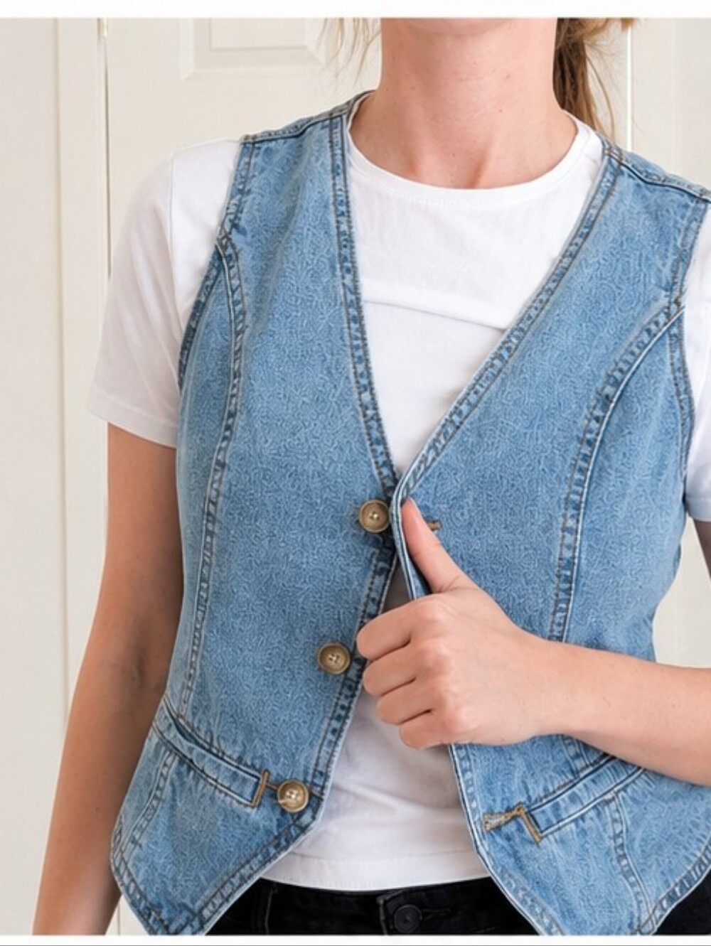 Light Wash Denim Button Vest - Blue